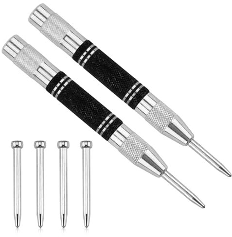 Perforadora central automática, 2 piezas, perforadora central con resorte con 4 puntas de repuesto, perforadora central automática ajustable y resistente, perforadora central de metal para vidrio