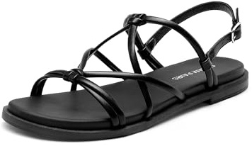 DREAM PAIRS Women's Sandals Cross Strappy Gladiator Dress Flat Sandals Daily Casual Comfortable Summer Shoes,Size 9,Black-Pu,DWUMFS2523