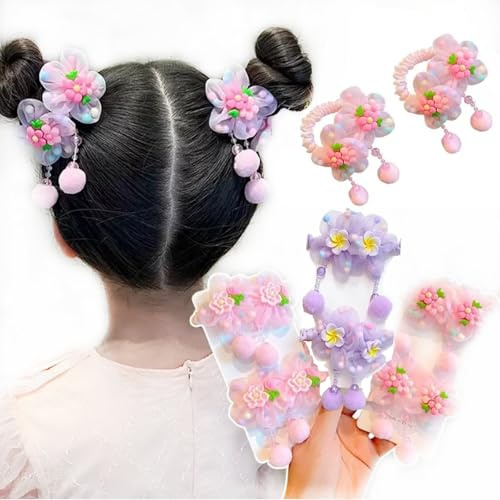 iRIIRIO 6pc Kids Colored Elastic Hair Ties with Cute Floral Tassels Hair Bows Ties for Ponytail Hair Accessories for Kids Girls (3 Pairs, Pink, Pink, Purple)