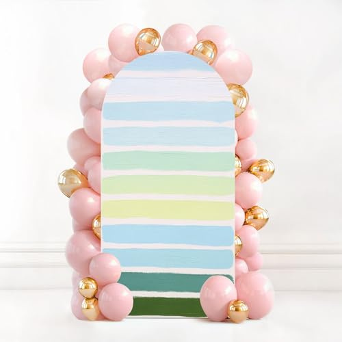 7.2 FT Wedding Arch Backdrop Cover Bold Watercolor Brush Stripes Seamless Deep Pale Green Pale Navy Blue Arch Cover Spandex Fitted Stretchy Background for Baby Shower Party Birthday Graduation