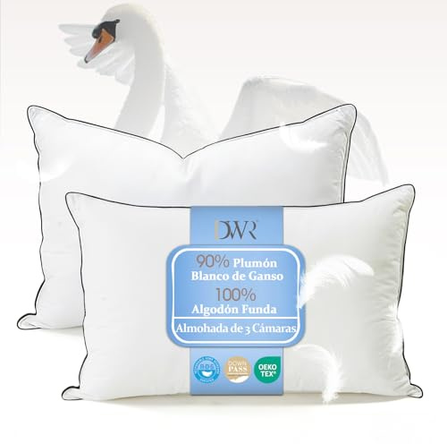 DWR Cuscino in Piuma D'oca 40x80 set di 2 | Cuscini Ergonomici a 3 Camere | 90% Piuma D'oca Bianca Esterna | Miscela di Piume Interna | Tessuto 100% Cotone Biologico | Supporto Medio | RDS e Oeko-TEX
