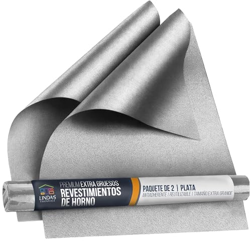 Linda's Essentials ugnsfoder för ugnens botten (2-pack) – universellt non-stick foder för fläktassisterad matlagning, 32 x 50 cm kökstillbehör, skyddsark, sparar tid och rengör enkelt (silver)