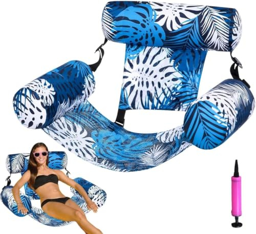 Bouee Piscine Adulte, Matelas Gonflable Piscine, 4 in 1 Hamac d'eau Gonflable, Fauteuil Gonflable de Bouée with Pompe à Air,Chaise Flottante avec Dossier Confort, pour Adultes, Fêtes, Idéal Été,