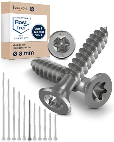 Tornillo de cabeza avellanada TORX de acero inoxidable fabricado en V2A 8-mm de espesor 120-mm de longitud del tornillo 25 piezas Rosca parcial de 80-mm Tornillo para madera 8x120