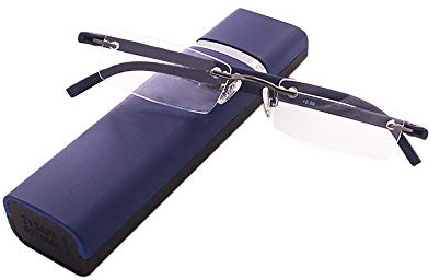 KoKoBin Lunettes de lecture ultralégères TR90 sans monture avec étui à lunettes Aide à la lecture pour hommes et femmes (Bleu, 2.5, diopters)