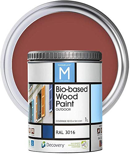 Pintura para Madera Exterior - Color Rojo - RAL 3016 - Formato de 1 Litro - Protege del Agua, la Humedad y los Rayos UV - Pintura Ecológica de Alta Cobertura y Acabado Semimate - Secado Rápido