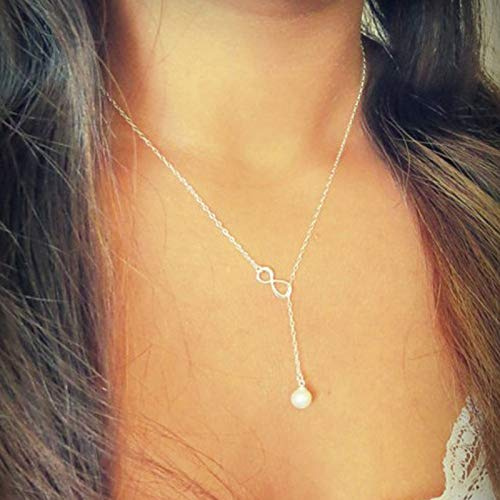 TseenYi Collier avec pendentif en perles - Collier ras du cou réglable en Y - Bijoux pour femmes et filles, Métal Argent, Perle