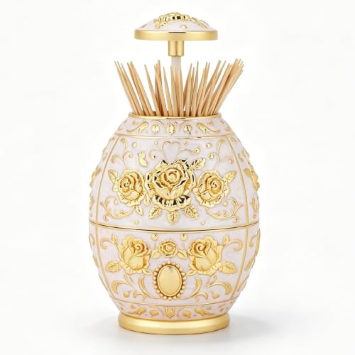 scatola distributore automatico di stuzzicadenti pop-up a forma di uovo retrò, Portastuzzicadenti Automatico a Pressione con Motivo Rose Dorate in Rilievo(Oro)