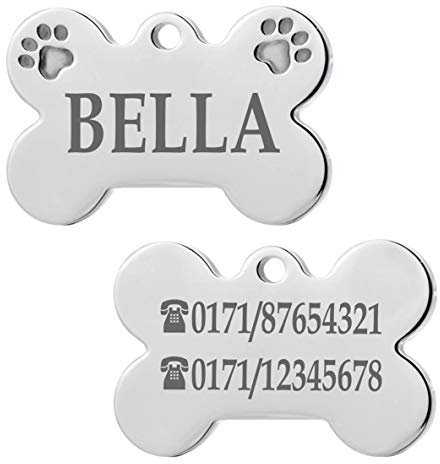 Iberiagifts - Hundemarke Knochen mit Pfoten aus Edelstahl mit Gravur für sehr kleine Hunde und Katzen oder Welpen - Plakette graviert und personalisiert (Mit 2 Pfoten)