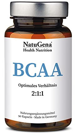 NatuGena BCAA optimales 2:1:1-Verhältnis, essentiellen Aminosäuren 1200 mg Leucin, 600 mg Isoleucin und 600 mg Valin, 90 Kapseln (1 Monats Packung)
