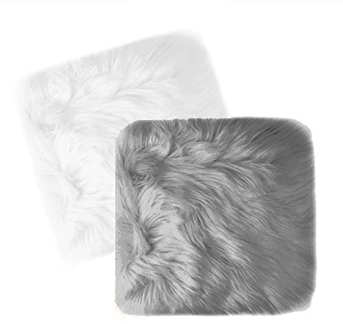 Qioly Pack of 2, Faux Fur Plush Cushion Fluffy Square Small Area Rug, Luxury Background for Small Items/ Jewelry/ Nail Art Desk Photos, Product Display & School Locker Decor (White + Grey)