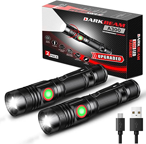 DARKBEAM Torcia LED USB ricaricabile 2000 ad alti lumen, torce tascabili piccole e luminose, luce flash portatile resistente all'acqua zoomabile per campeggio, corsa, emergenza con batterie, 2 Pezzi