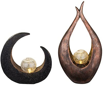 LED Solarleuchten 2er SET mit Crackle Glaskugel - Bronzefarben Höhe 50cm, Steinoptik Höhe 30,5cm