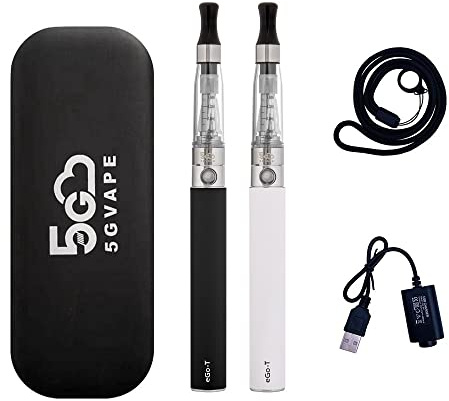 5GVAPE eGo T 1100mAh Rechargeable Battery Electronic Cigarette 2 Packs eGo CE4 Atomizer Refillable Shisha Starter Kit|E Cigarettes Vape Pens Vaporiser Kit|No E-Liquid No Nicotine (White Black)