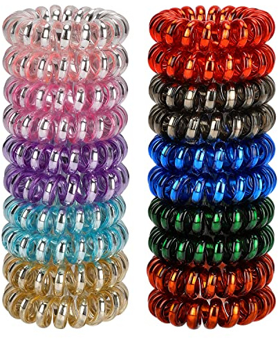 JessLab Spiral Hair Ties for Women, 20 Pcs No-Damage Plastic Bands, Bobbles | Lustrous, Coil Elastics for Girls and Kids, Water-Resistant Bracelet, Strong Hold for Swimming, Gym, School
