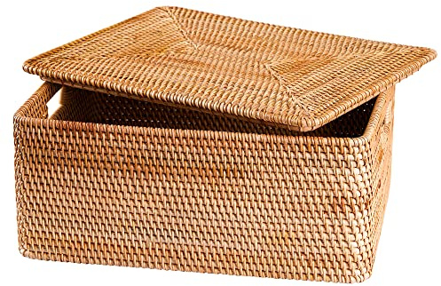FIYAMMY Rattan Basket With Lid, Large Lidded Basket For Storage(15.7 L×11.8W×6.7H)