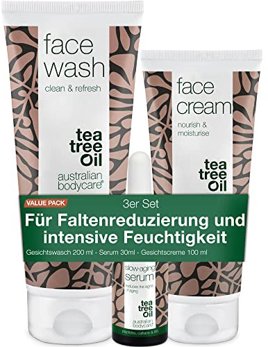 Anti-Aging Gesichtspflege-Set mit Teebaumöl - Waschgel, Creme und Serum für Faltenreduzierung, Linienverminderung und intensive Feuchtigkeit - Für Frauen und Männer