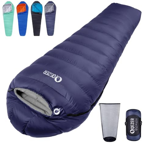 QEZER Sacco a pelo 4 stagioni, leggero, invernale, da 0 gradi a -12 gradi C, per adulti e bambini, campeggio, escursionismo e zaino in spalla all'aperto, riempito 600+FP piumino (blu)