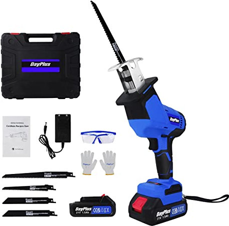 Akku-Säbelsäge 21V 1.5Ah Lithium-Batterie, 0-3000RPM Variable Geschwindigkeit, Elektrische Säge mit LED-Licht, 4 Sägeblätter, zum Schneiden von Holz/Metall/PVC (1 Akku)