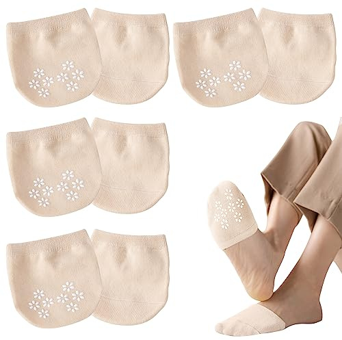 ZOCONE 4 Pairs Women's Toe Socks Breathable Half Socks With Non-Slip Silicone Dots Half Socks Invisible Toe Socks Women's Cotton Toe Stopper Socks For High Heels Ballet, beige, 35-39