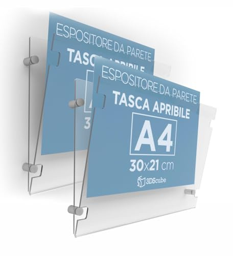 3DScube n.2 PEZZI Cartella in plexiglass da parete a tasca apribile, porta avvisi e depliant formato A4 orizzontale 30x21 cm, completa di distanziali in alluminio
