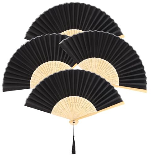 4 Pezzi Ventagli pieghevoli a Mano in Tessuto Ventilatori Portatili per Performance Danza Decorazioni Festival(Nero)