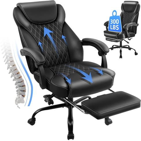 amseatec Office Chair, Big and Tall Office Chair with Foot Rest Ergonomic Chair for Home Desk, Reclining High Back Leather Chairs with Lumbar Support(Black)