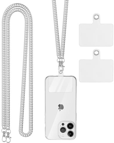 Coiwxmoi Cordón de Cadena para Teléfono Móvil para el Cuello, Metal Correa Universal para Teléfono Móvil con Parches Compatible la Mayoría de Las Fundas de Teléfono para Niña Mujer, Plata