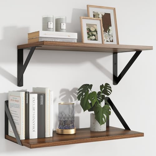 Feihorrm Shelves for Wall Set of 2, 40 x 20 cm Deep Wall Shelves, Walnut Wooden Shelves with Metal Brackets, Wall Shelf for Living Room, Bedroom, Kitchen, Bathroom and Office