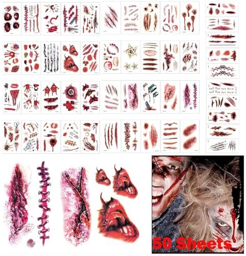 DIGNFENG Tatuajes Temporales Halloween Zombie Vampiro，280 Piezas 50 Hojas 6x10cm Pegatinas Cara Cuerpo Impermeables 48h Adultos heridas de Halloween(Cicatrices 3D）
