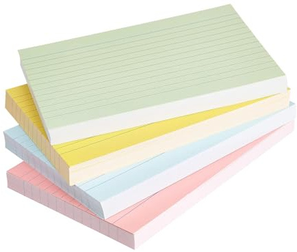 Indexkort – 4 x färgade anteckningskort – linjerat kartongpapper block för undervisning förberedelse klassrum journalföring planering brainstorming