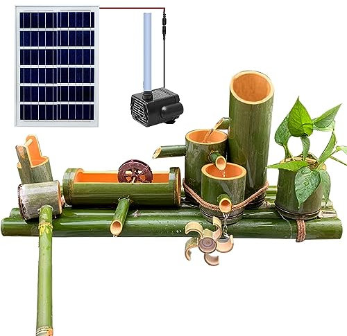Fontaine solaire en bambou – Fontaine de jardin zen sur pied faite à la main avec pompe, cuillère, rangée de bambou et roue Feng Shui pour décoration de maison et de jardin