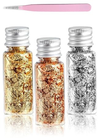 Chtaoxin Foil Flakes, 3 Bottles Gold Foilr Leaf Sheets Flake are Available in Silver Gold, and Rose with Tweezers Long-Lasting DIY Craft Shiny Decoration Apply to Greeting Cards Nail Etc