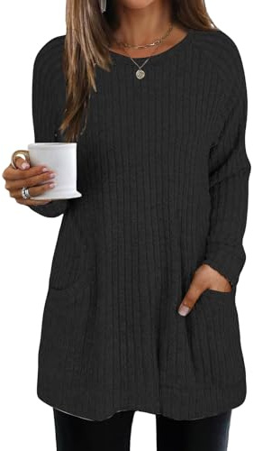 AMDOLE Womens Tops Long Sleeve Tunics Top for Women Casual Solid Color Oversized Long Jumper Crew Neck Sweatshirt with Pockets Knit Sweaters Long Tops to Wear with Leggings Black XL