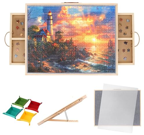 1500 Piece 2-in-1 Tilting & Rotating Puzzle Board with Drawers，35x27 inch Adjustable 5 Angle Jigsaw Puzzle Board with Cover & 4 Puzzle Sorting Trays, Gifts for Mom Dad Puzzle Lovers