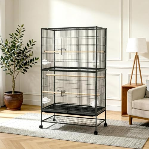 Garvee Grand Cage à Oiseaux roulante pour perroquets et Grands Oiseaux – Volière spacieuse et Haute 155cm avec Supports de Rangement, mangeoires incluses, Double étage – Idéale pour perruches