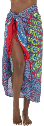 SHU-SHI - Sarong pour femme - look de plage - à porter sur le maillot de bain - motif mandala/paon - taille unique - rouge