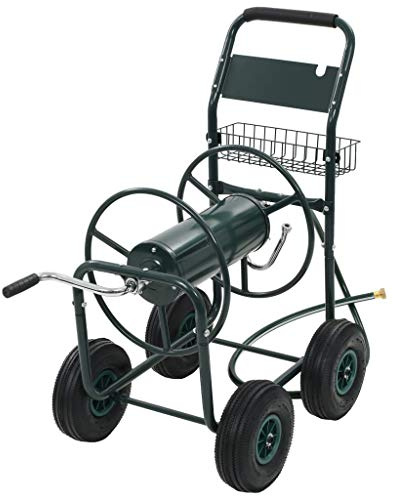 'vidaXL Green Garden Hose Trolley | Sturdy Steel Construction | Easy Winding | 75m Hose Capacity | Anti-Slip Rubber Wheels | Added Tools Basket | 194cm Hose Length | Durable and Mobile Solution fo...