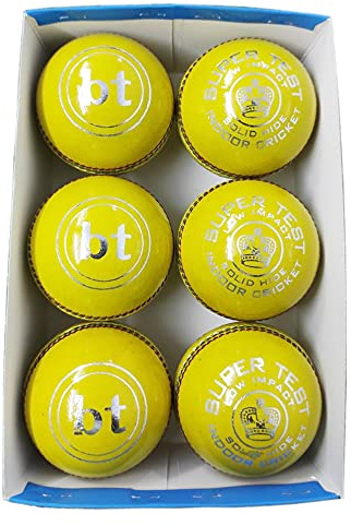 BT Indoor Cricket Ball - Pack of 6 Genuine Leather Cricket Balls for Day or Night International Standard Cricket and Practice | Bat-Friendly Yellow Cricket Ball Made from Sustainable Sources | 114g