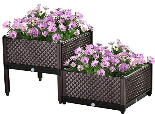 Outsunny Lot de 2 jardinières surélevées en Plastique de 50 cm x 50 cm x 46,5 cm - 41 L - Bac à Fleurs et légumes avec système d'arrosage Automatique et Trous de Drainage pour terrasse, Balcon