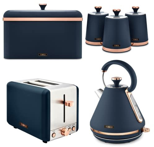 Tower Cavaletto Midnight Blue & Rose Gold 1.7L 3KW Pyramid Kettle, 2 Slice Toaster, Bread Bin & Set of 3 Canisters. Contemporary Matching Kitchen Set of 6 Items in Midnight Blue & Rose Gold