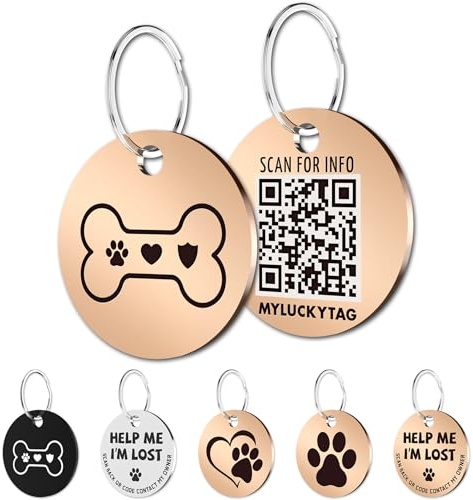 MYLUCKYTAG Rostfritt stål QR-kod husdjurs-ID-taggar hundtaggar – husdjurs online-profil – skanna QR ta emot omedelbar varning för husdjur via e-post