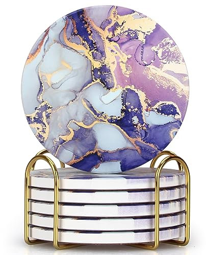 Lot de 6 dessous de verre en agate violette avec support absorbant, dessous de verre moderne en marbre unique pour table basse, tasse, bar cool, dessous de verre mignon en liège et céramique