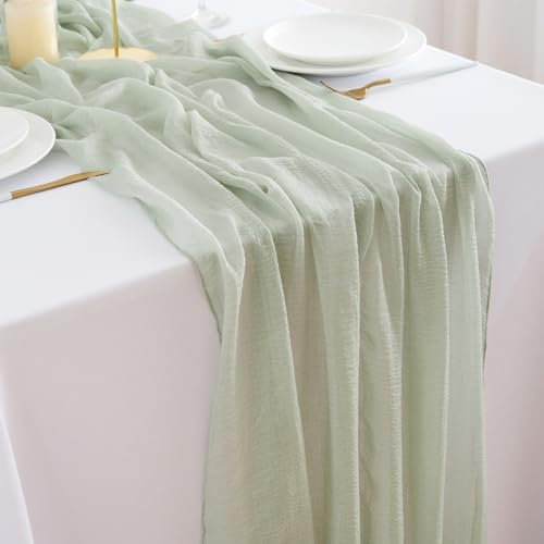 DROMCOM 2 Stück Tischläufer Salbeigrün, 300 x 80cm Musselin Tischdeko, Grün Boho Gaze Dekostoff, Rustikal Seihtuch Käsetuch Waschbar für Hochzeit, Geburtstag Party, Taufe