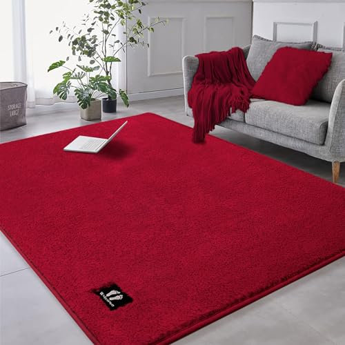 RTBQJ-AT Teppich Wohnzimmer 160x120cm Rugs for Living Room Moderner Flauschiger Kurzflor Teppich Waschbar, Weich Einfarbig Wohnzimmerteppich Rot Teppich Schlafzimmer