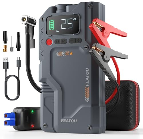 Featou Jump Starter with Air Compressor, 5 in 1 Functional Jump Box 5500A Peak Power Pack with 150PSI Digital Tire Inflator, Portable Car Charger Jumper for 9.0L Gas or 7.5L Diesel