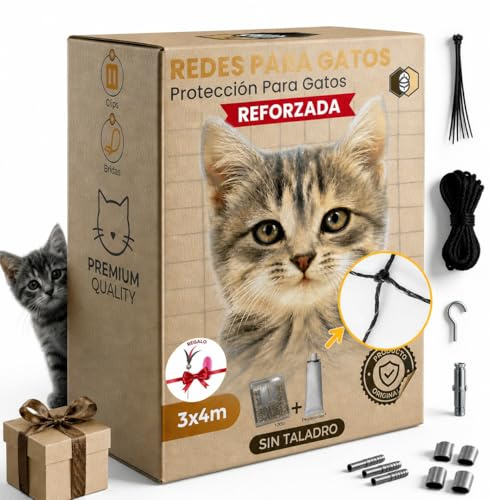 FR3 Red de Seguridad para Gatos Reforzada con Hilo de Acero Inoxidable (12 Hebras) | Malla Anti-mordeduras para Balcones, Terrazas y Ventanas | Kit de Montaje con y sin Taladro y CORREDERA | 3x4m