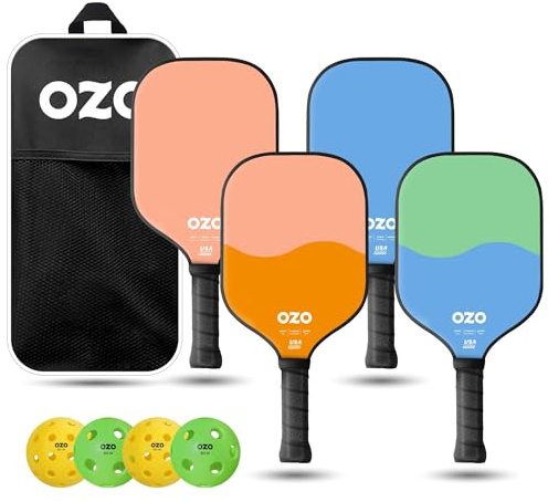 OZO Pickleball - Set mit 4 Schlägern + 4 Bällen + Tasche - 2X Spark Anfänger Hybrid-Schläger + 2X Spark Anfänger Kontroll-Schläger + 4 Injektionsbälle (2X Indoor + 2X Outdoor)