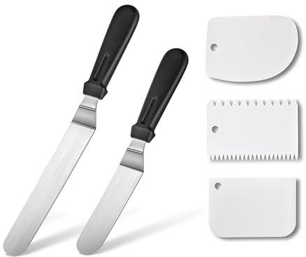 Winkelpalette Torte Set, 2 Stück Edelstahl Streichpaletten Verdicktes Tortenspachtel Glasurspatel mit 3 Stück Kuchenglätter-Schaber für Einstreichen Tortendeko Backen