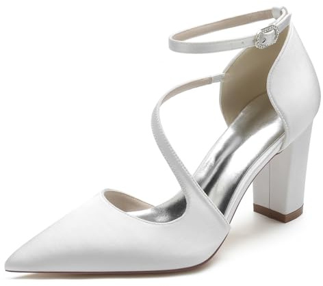 smlekwc Scarpe da Sposa con Tacco Alto A Blocco da Donna Scarpe da Sposa in Raso A Punta Elegante Abito da Corte Incrociato Pompe con Cinturino alla Caviglia,Bianca,38 EU